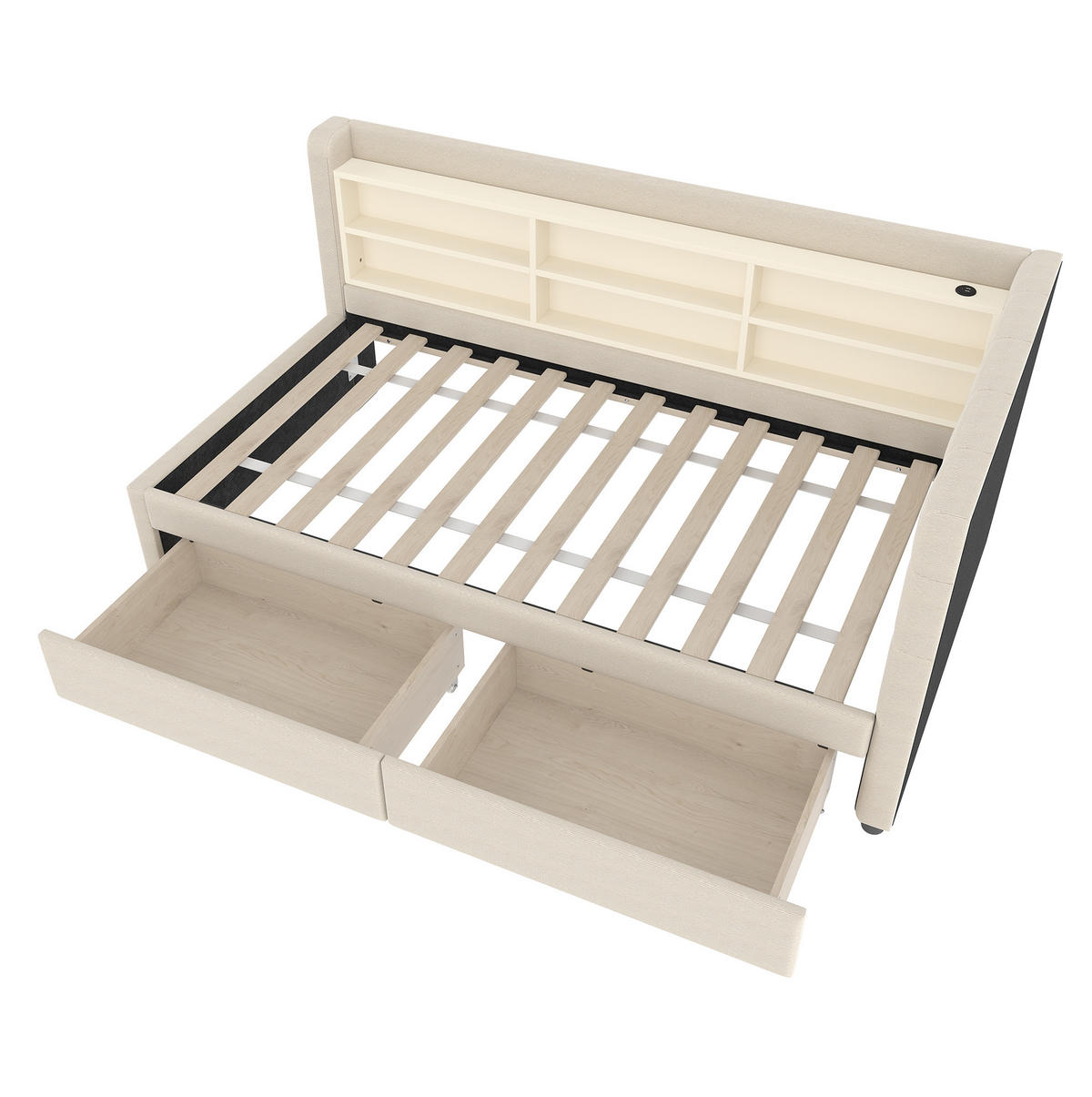 POLSTERBETT 90/200 cm Beige mit 2 Schubladen und USB- und Type-C-Anschlüssen - Beige, Textil (90/200cm) - Flora Grace