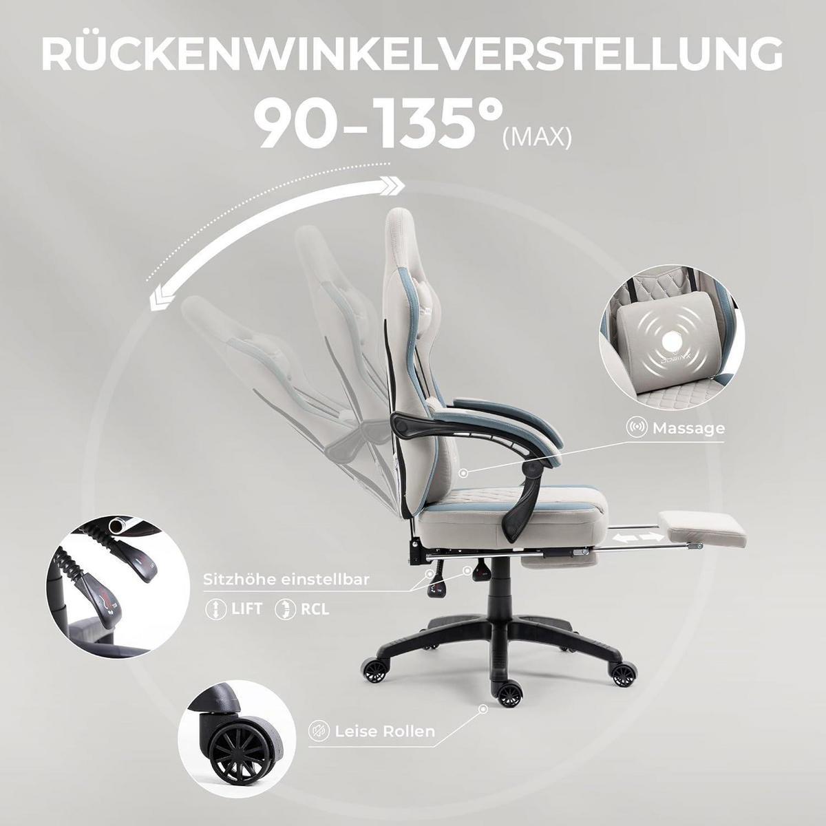GAMING Stuhl Stoff Grau mit Fußstütze und Massagefunktion - Grau, Textil (50/133/50cm)