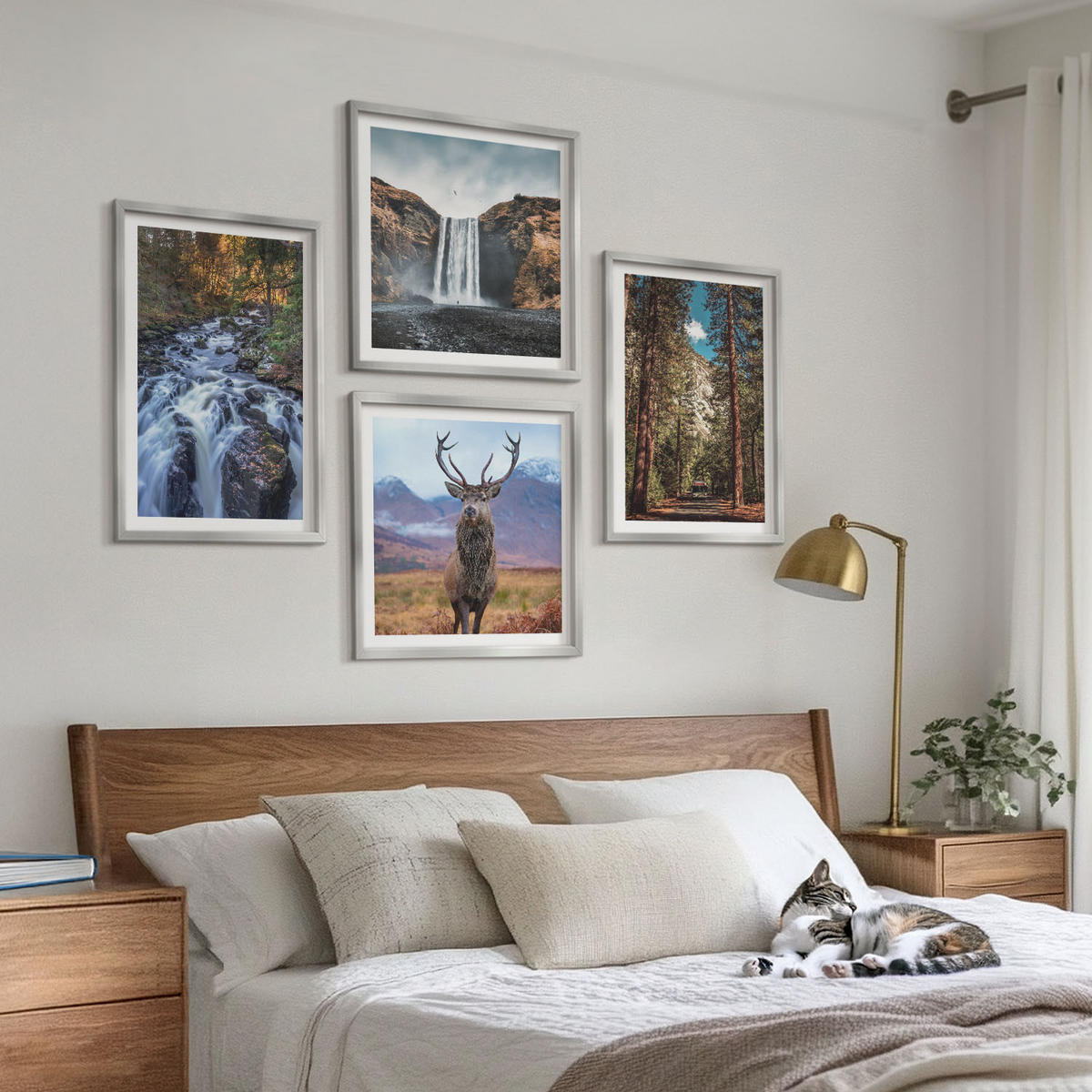 BILDER SET 4er Set - 50x50 cm & 40x60 cm Silberner Rahmen - Wasserfall Wald Berge Hirsch Natur - Silberfarben, Kunststoff (50/50cm) - TULUP