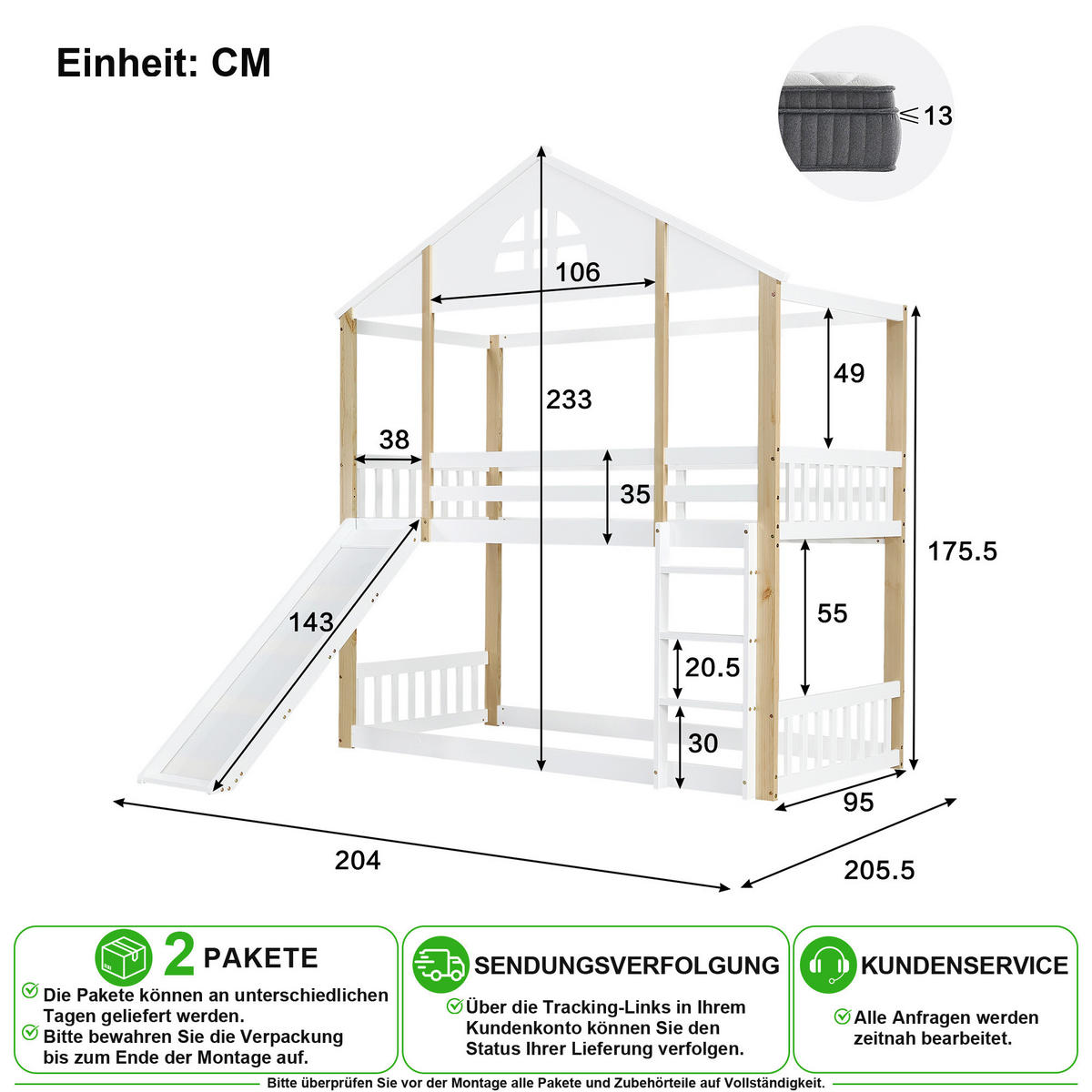 ETAGENBETT 90/200 cm in Weiß & Natur mit Rutsche, Treppe und Fenster - Weiß/Naturfarben, Holz/Holzwerkstoff (90/200cm) - CHICFURN