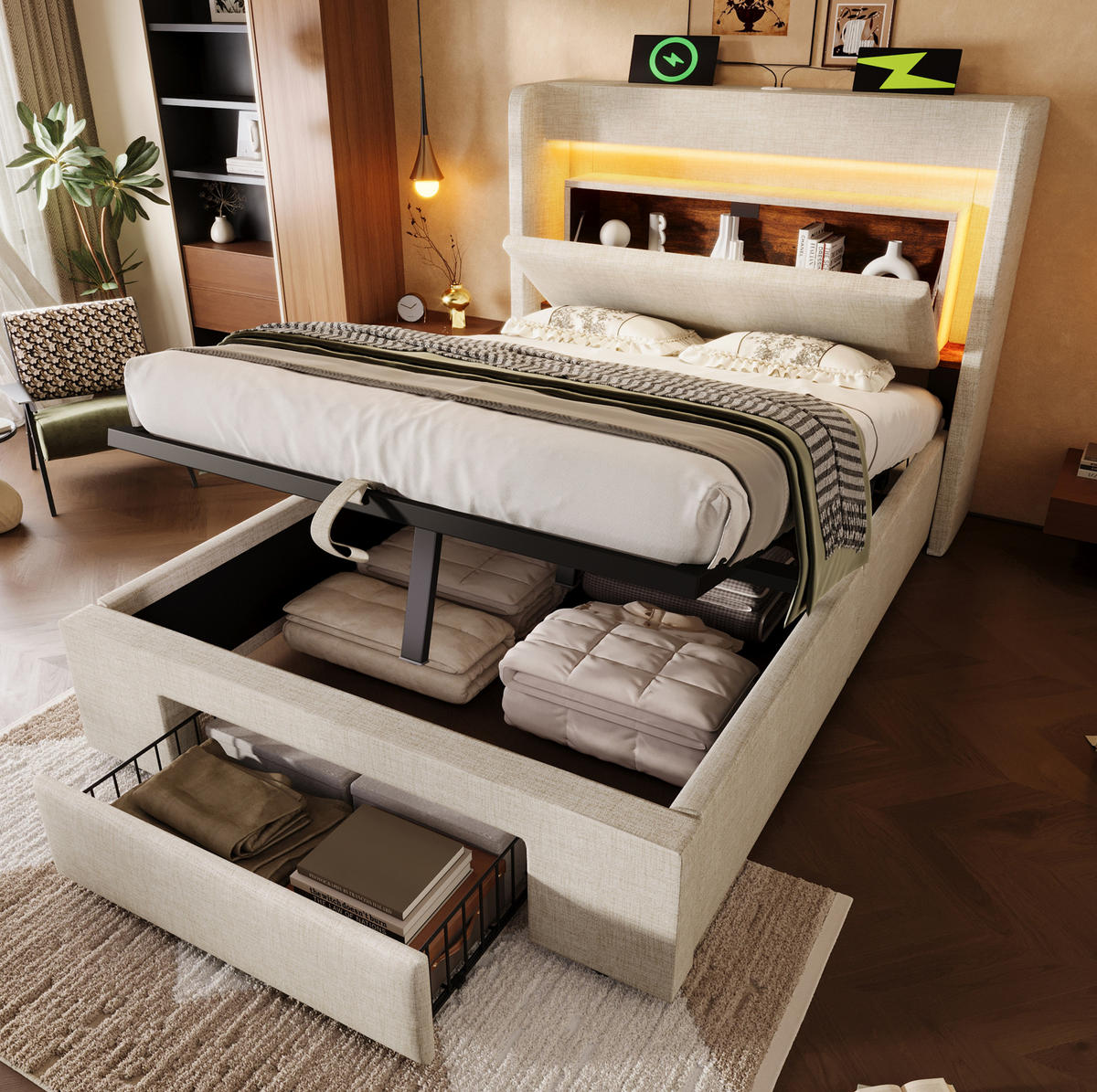 POLSTERBETT 90/200 cm Beige aus Leinen mit LED, USB und Stauraum - Beige, Textil (90/200cm) - OKMYHOME