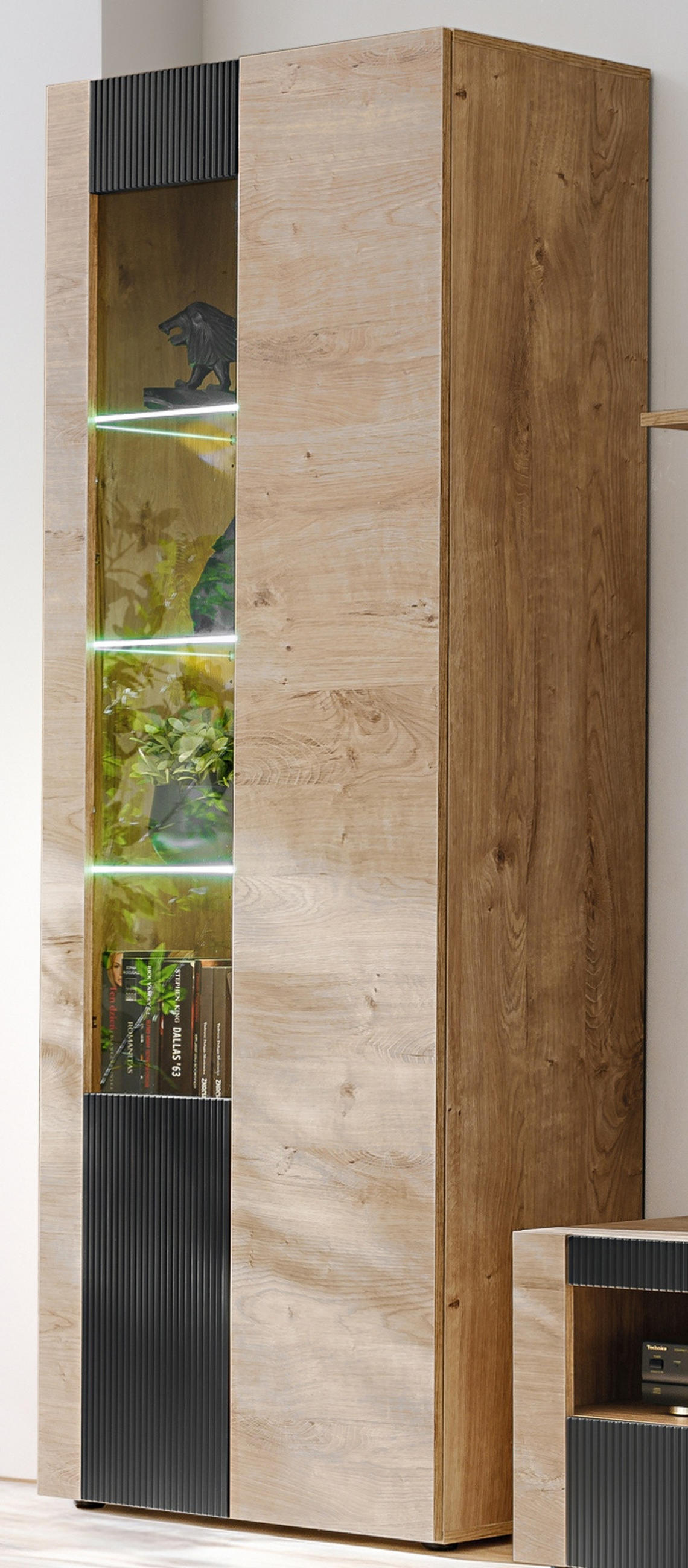 VITRINE Eiche, schwarz 70 x 197 cm, Vitrinenschrank inklusive LED-Beleuchtung - Eichefarben/Schwarz, Glas/Holzwerkstoff (70/197/40cm) - Inn.Furn