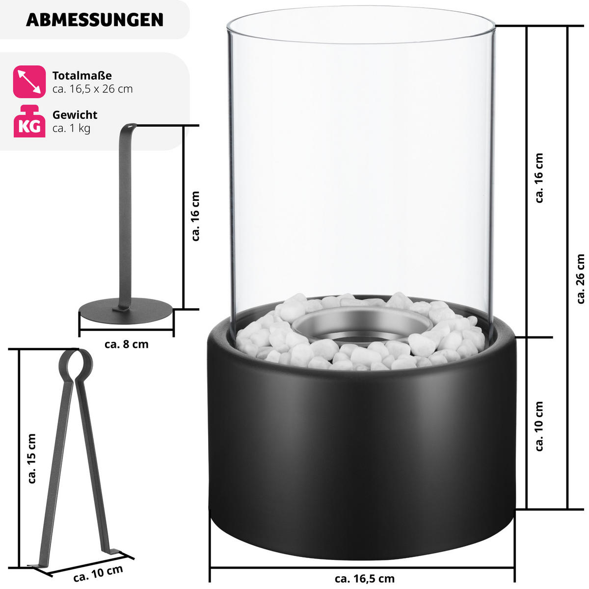 TISCHKAMIN Bioethanol Damine,16,5 x 26 cm, schwarz - Schwarz, Glas (16.5/26/16.5cm) - tectake