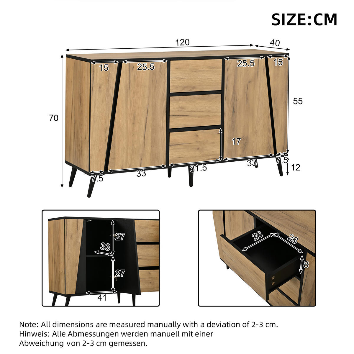 SIDEBOARD 120/40/70 cm mit 2 Türen, 3 Schubladen und verstellbaren Einlegeböden in Holzoptik-Schwarz - Schwarz/Naturfarben, Holzwerkstoff (120/70/40cm) - CHICFURN