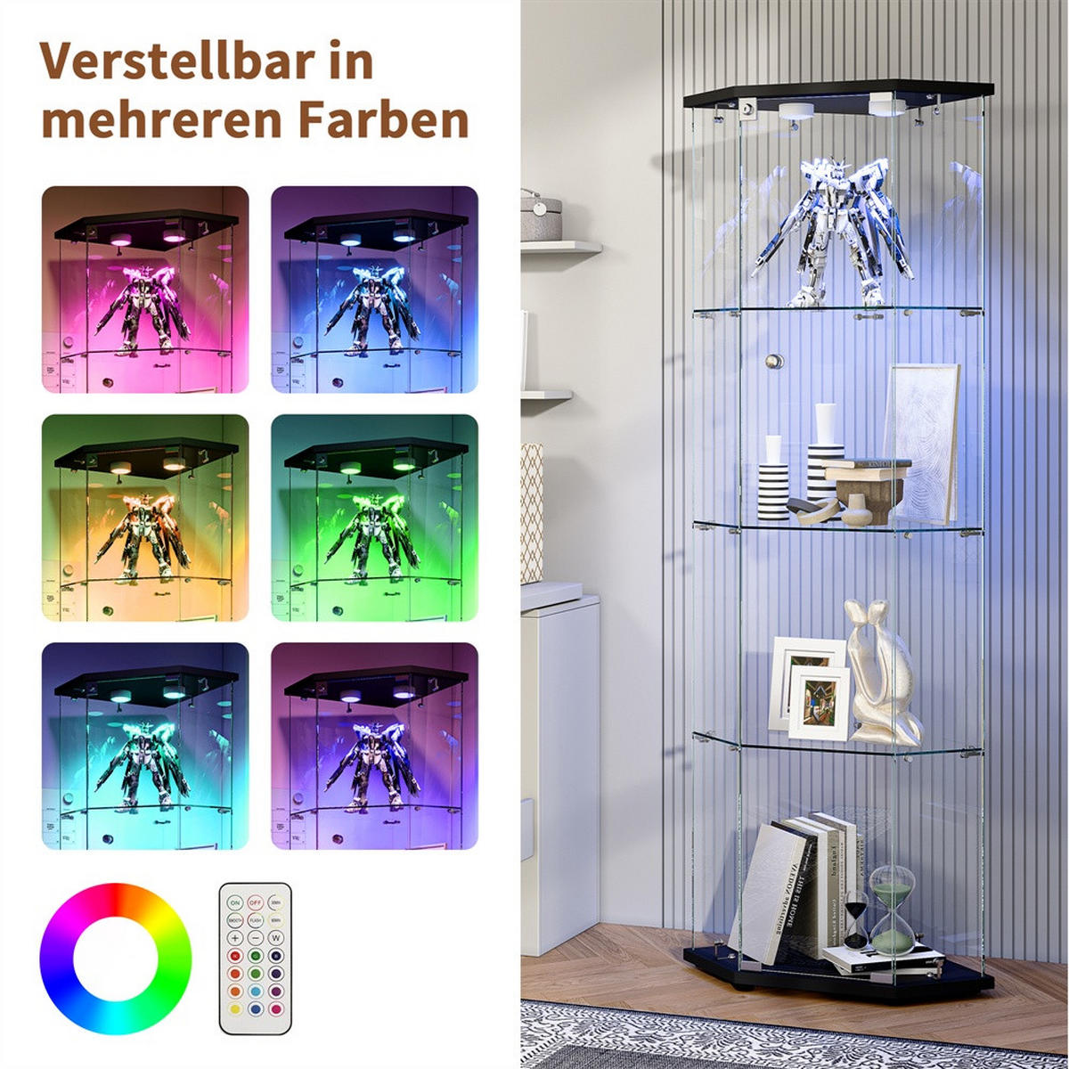 VITRINE mit LED Beleuchtung - Eckvitrine mit 4 Ebenen und 1 Tür - Glaskvitrine mit Schloss - Schwarz - Schwarz, Glas (60/162/42.5cm) - DELFA
