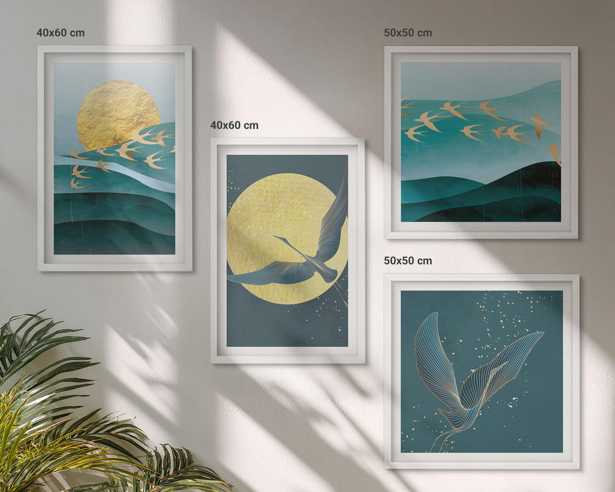 WANDBILDER 4er-Set - 50x50 cm & 40x60 cm Weißer Rahmen - Stilvolle Landschaften mit Vögeln - Weiß, Kunststoff (50/50cm) - ArtPrintCave