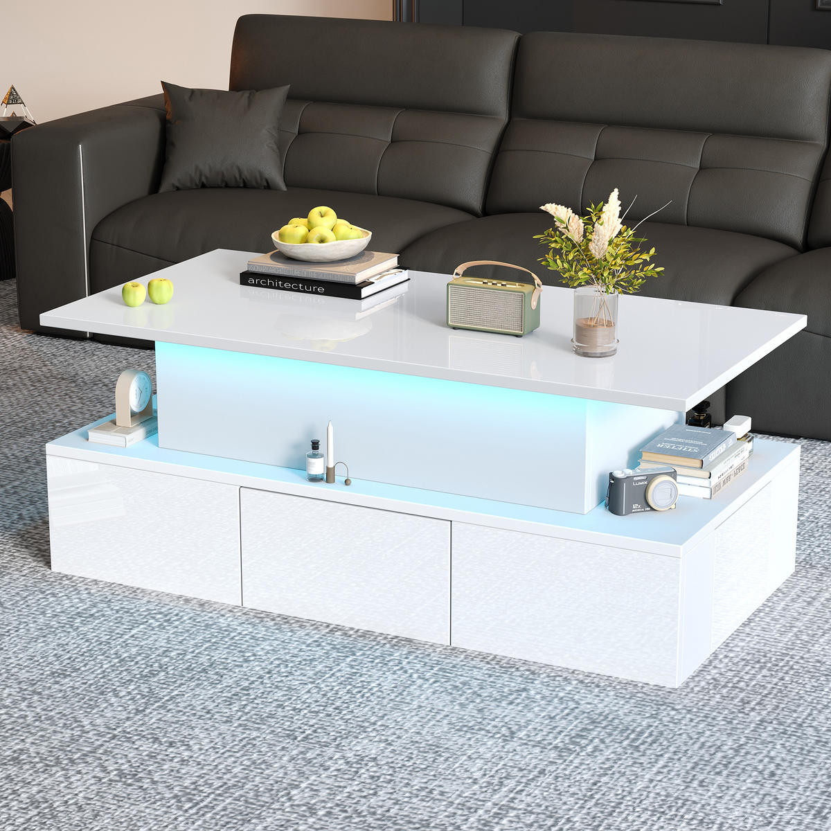 COUCHTISCH 100x50x40 cm Weiß LED Lift 4 Schubladen Stauraum - Weiß, Holzwerkstoff (100/50/40cm)