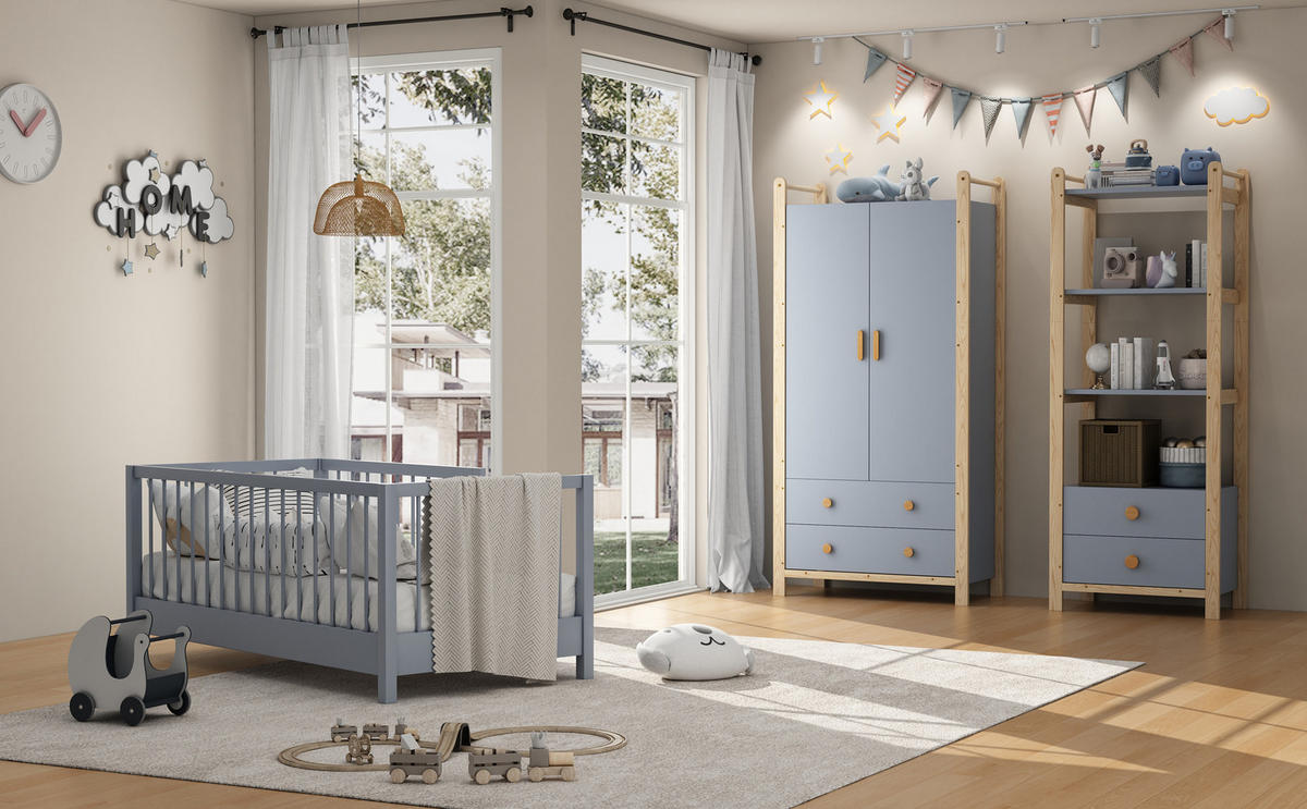 KLEIDERSCHRANK 90x45x180cm Blau + Kiefer Spanplatte 2 Türen 2 Schubladen - Blau, Holz (45/180/90cm) - FLIEKS