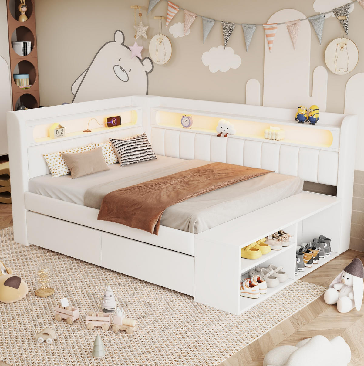 SCHLAFSOFA 90/200 cm mit LED-Beleuchtung, USB-Anschluss, 2 Schubladen und Schuhschrank, Weiß - Weiß, Holzwerkstoff (104/91.5/212.5cm) - Redom