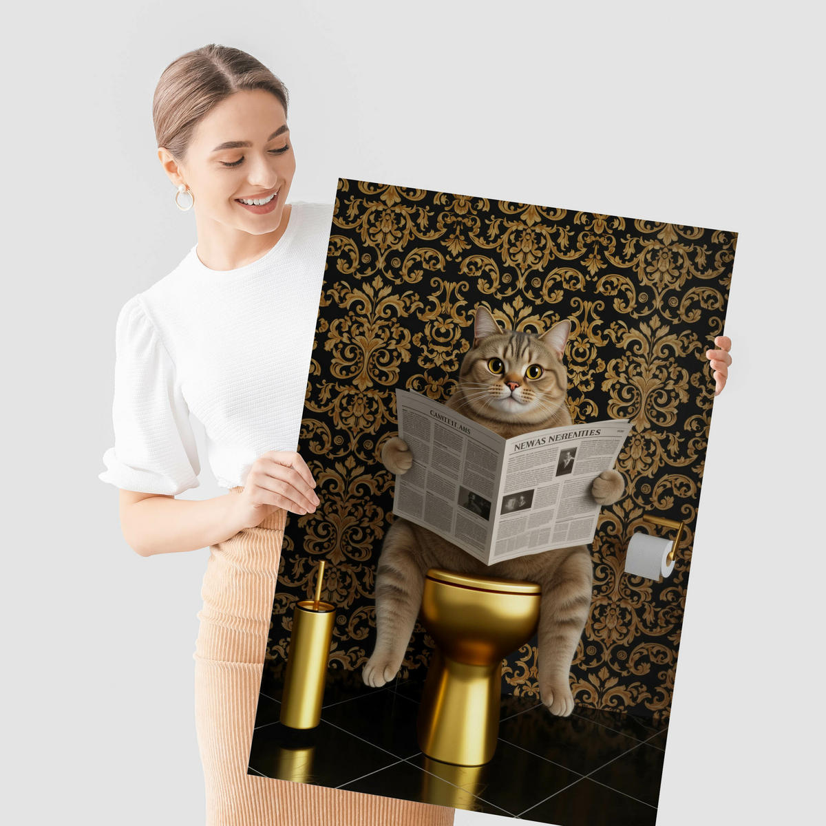 POSTER für Badezimmer WC KATZE auf Toilette mit Zeitung Glamour Abstraktion 20x30cm - Gelb/Beige, Papier (20/30/30cm) - Muralo