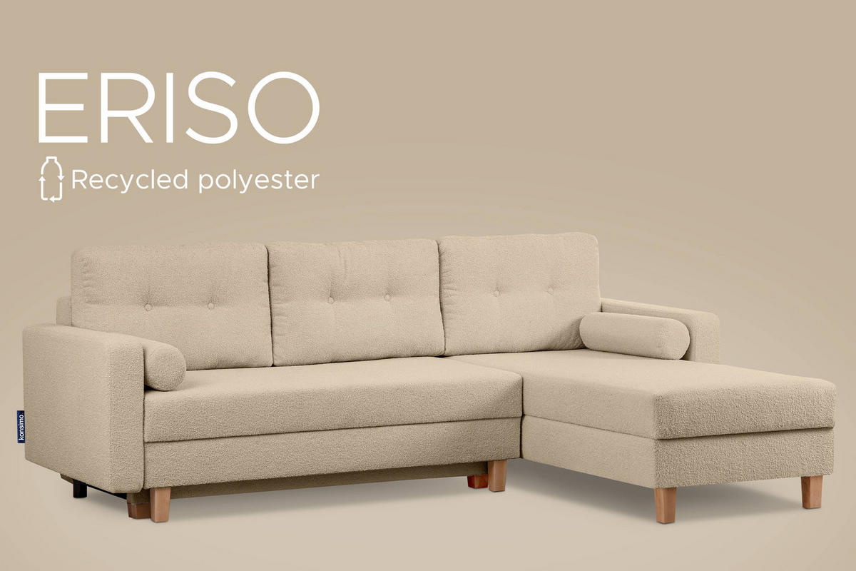 ECKSCHLAFSOFA ERISO 3/4 Sitzer und Universalecke mit Ottoman, Bouclé-Stoff, hellbeige - Beige/Creme, Textil (240/183cm) - KONSIMO®