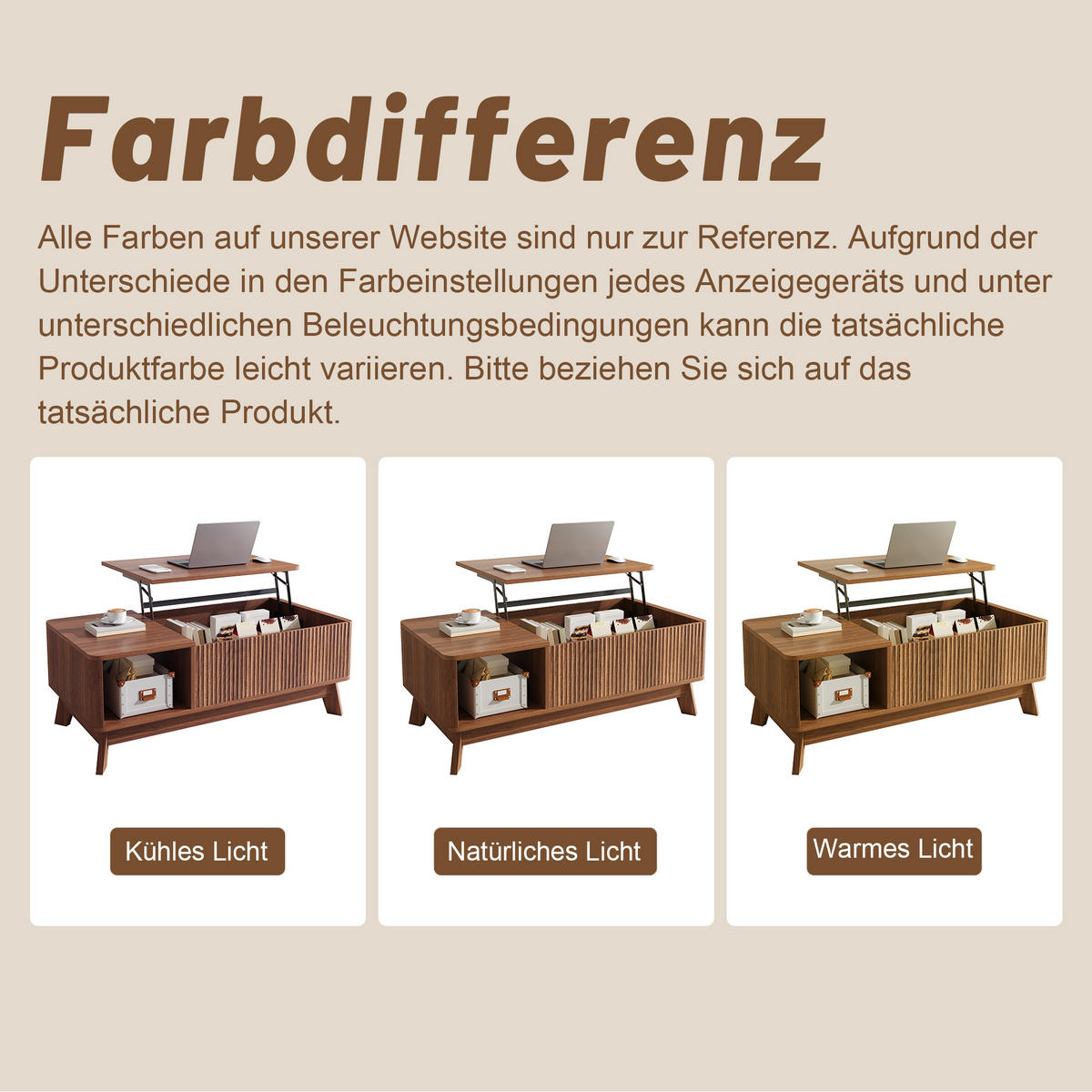 COUCHTISCH holzoptik & 3d-wellen-design mit lift-funktion & verstecktem stauraum - Walnussfarben, Holzwerkstoff (48/95/50cm) - Urban Meuble