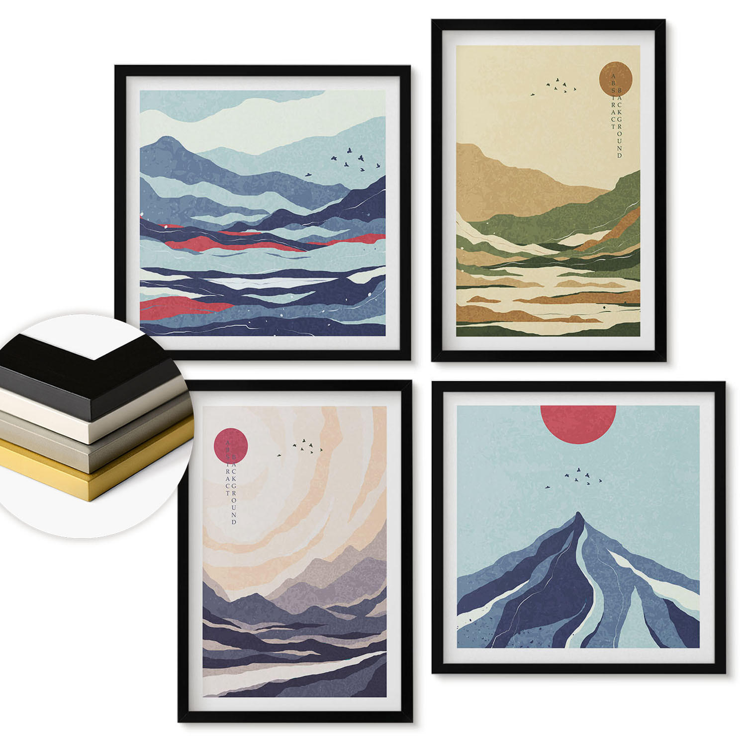 WANDBILDER 4er-Set - 50x50 cm & 40x60 cm Schwarzer Rahmen - Pastellfarbene Berge im Japandi-Stil - Schwarz, Kunststoff (50/50cm) - ArtPrintCave