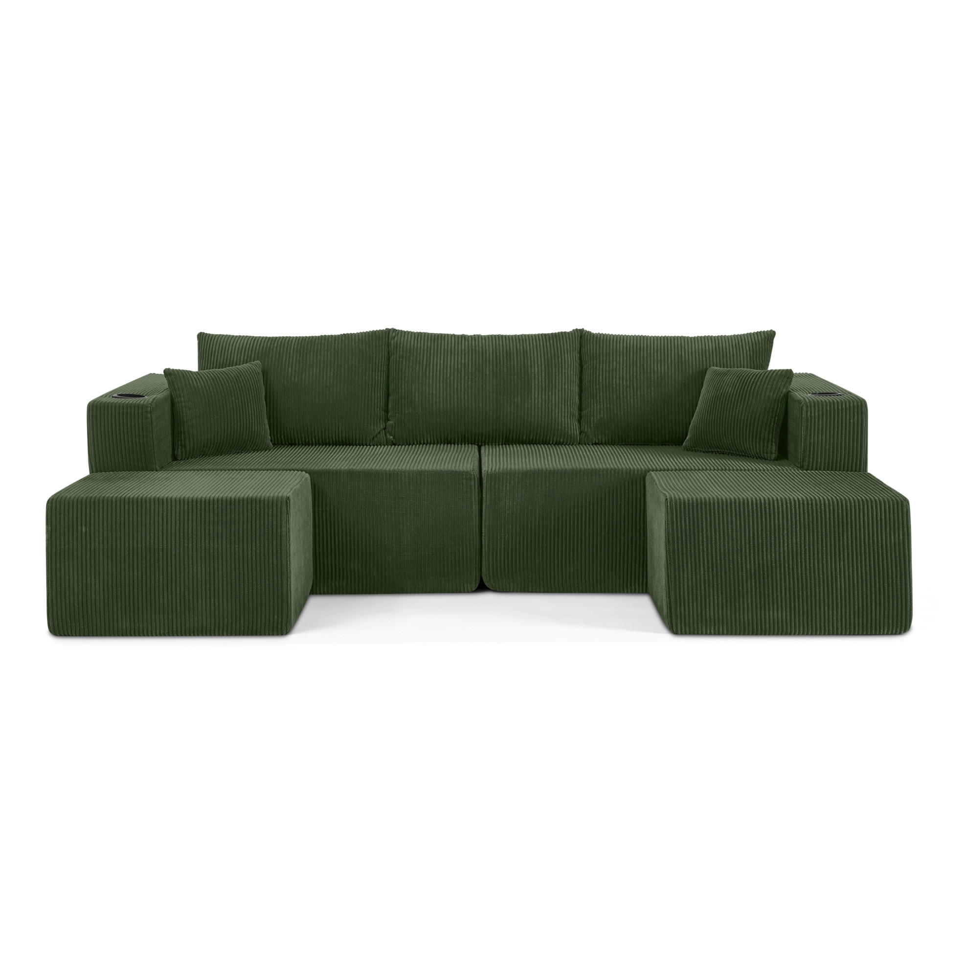 SOFA modular 3-Sitzer L-Form Cord Green mit 2 Ottomanen - Grün, Kunststoff (230/75/138cm) - IVMEU