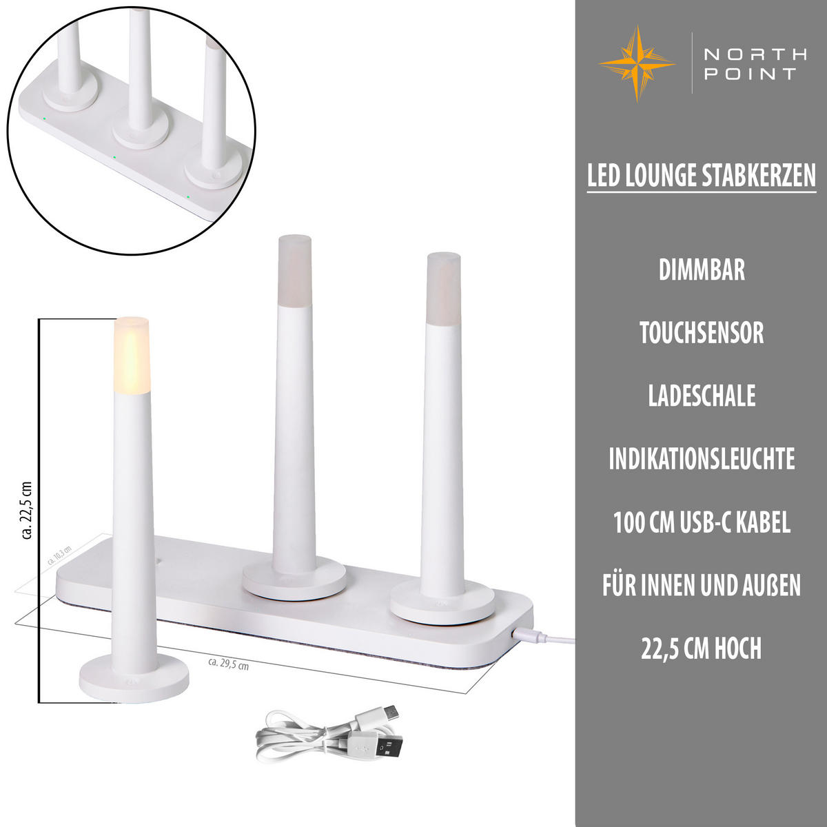 LED-STABKERZEN - dimmbar in warmweiß mit induktiver Ladeschale und Touchtaste für Innen und Außen, 3er-Set - Weiß, Kunststoff (24/29.5/10.3cm) - Northpoint