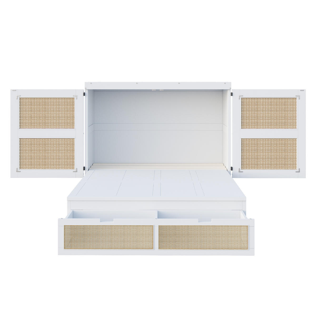 MULTIFUNKTIONSBETT 140/200 cm Weiß Rattan-Design mit Stauraumschubladen aus Holz - Weiß, Holzwerkstoff (140/200cm) - OKWISH