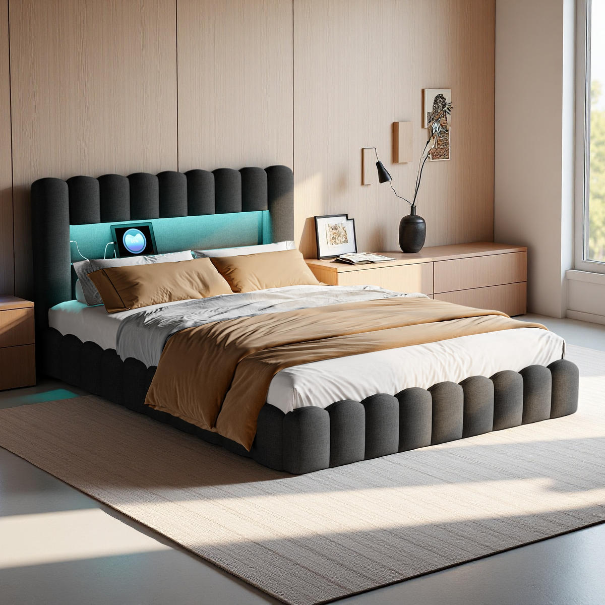 POLSTERBETT 180x200 cm LED Hydraulik Stauraum Lattenrost Leinen grau - Grau, Holz (180/200cm) - LEBENLANG