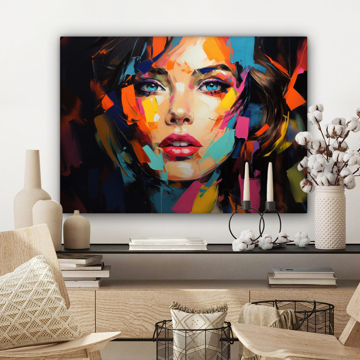 LEINWANDBILD Frau - Porträt - Farbenfroh - Kunst Wandbilder 80x60 cm - Multicolor, Textil (80/60cm) - MuchoWow