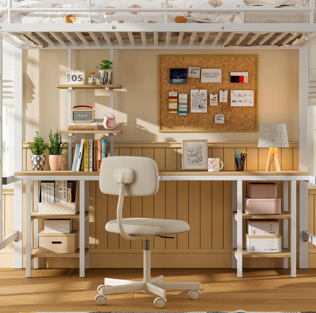 ETAGENBETT aus Metall und MDF 90x200 cm Weiß mit Schreibtisch, Regalen und Fallschutz - Weiß, Holzwerkstoff (90/200cm) - Modfu