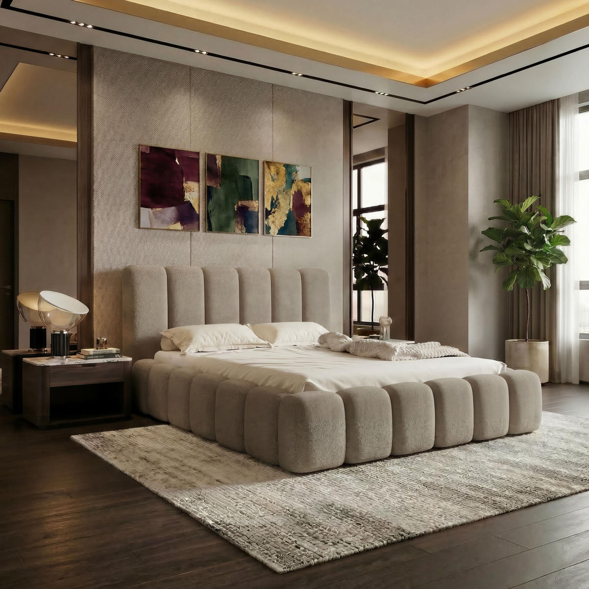 POLSTERBETT VELORA 140x200cm mit Bettkasten & Metallgestell - Bouclé Stoff CAPPUCCINO GERRA - Cappuccino, Textil - Luxkor24