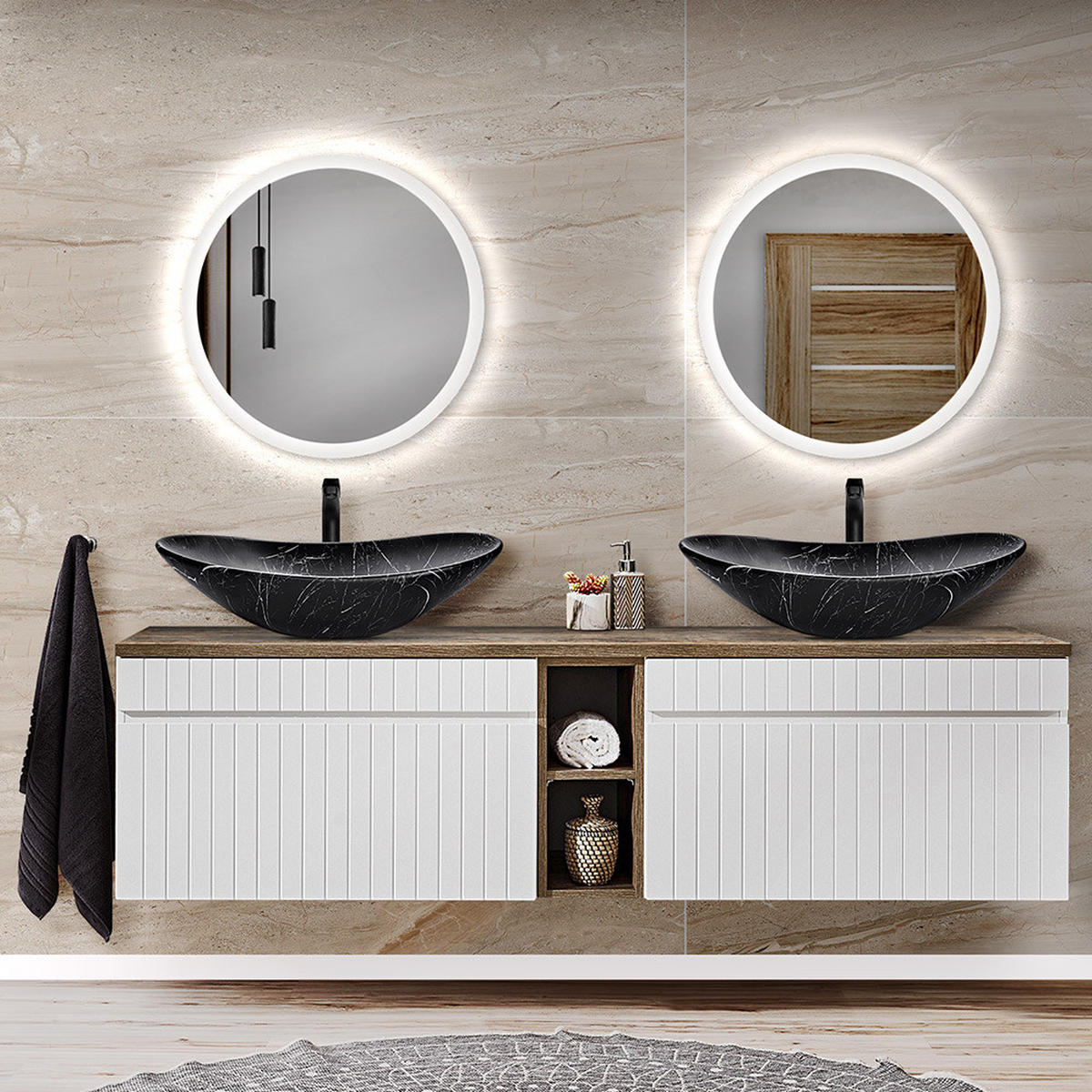 BADMÖBEL-SET 3-TLG. Iraklio-56 - Weiß, Holzwerkstoff (180/200/46cm) - Lomado