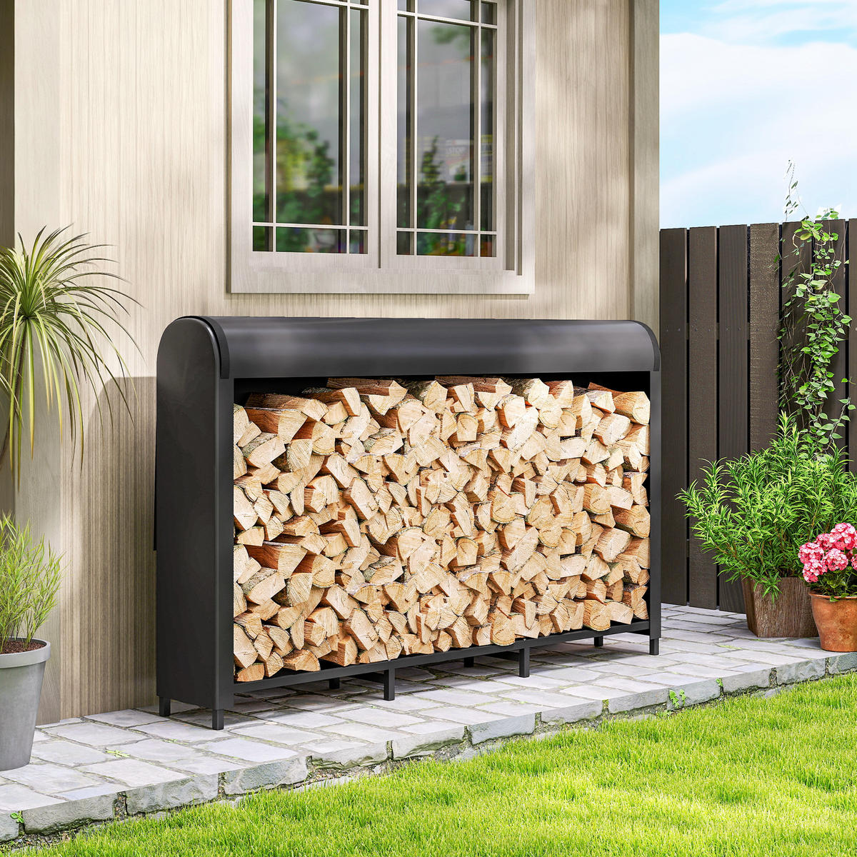 KAMINHOLZREGAL Metall 199 x 30 x 121 cm Brennholzregal 0,6m³ mit Abdeckung - Schwarz, Metall (30/121/199cm) - Outsunny