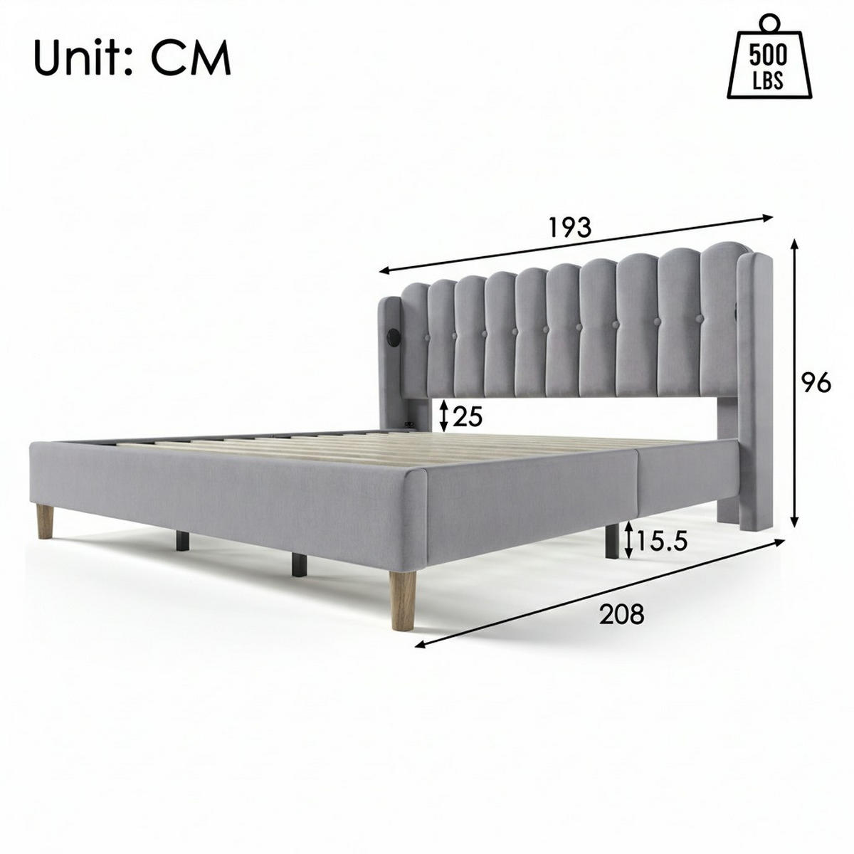 POLSTERBETT 180/200 cm in Grau mit USB und Type-C Leinen Wingback-Design - Naturfarben/Grau, Holzwerkstoff/Textil (180/200cm) - STILVORA