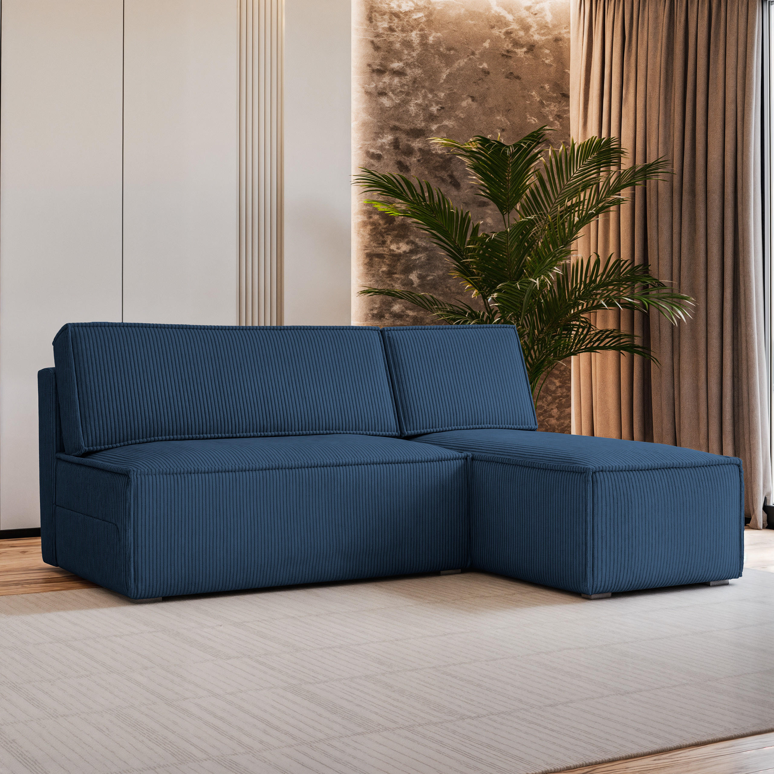 ECKSOFA BRISO P Blau Kordstoff mit Schlaffunktion - Blau, Holz (200/140cm) - MASSENO