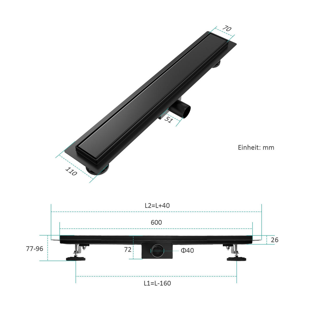 DUSCHRINNE Edelstahl Schwarz 60/11 cm - Schwarz, Metall (11/9/60cm) - EMKE