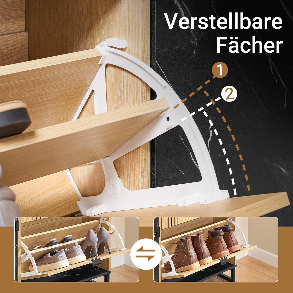 SCHUHSCHRANK Schmal, Holzoptik & Schwarz mit Marmor - Naturfarben, Holzwerkstoff (90/88/24cm) - SoBuy