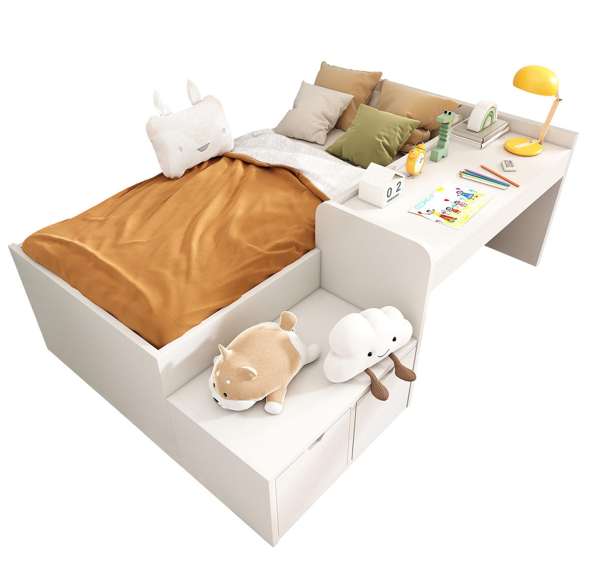 KINDERBETT 90/200 cm in Weiß mit Schreibtisch und 2 Schubladen - Weiß, Holzwerkstoff (90/200cm) - BEAOK