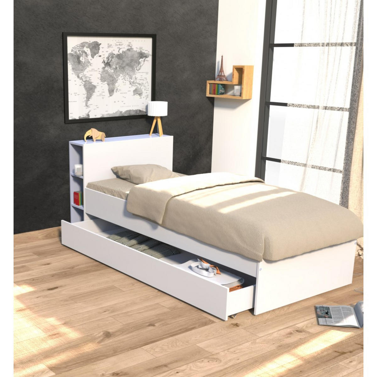 BETT MIT KOPFTEIL RIGA mit Schublade / Bett 90x190 - Weiß - Weiß, Holzwerkstoff (90/190cm) - Weber Industries