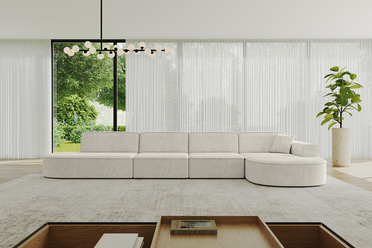 ECKSOFA Ottomane Rechts MARI-L3 - 402x163x73,5 cm Hellgrau Cord - Hellgrau/Schwarz, Holzwerkstoff/Kunststoff (402/163cm) - ALTDECOR