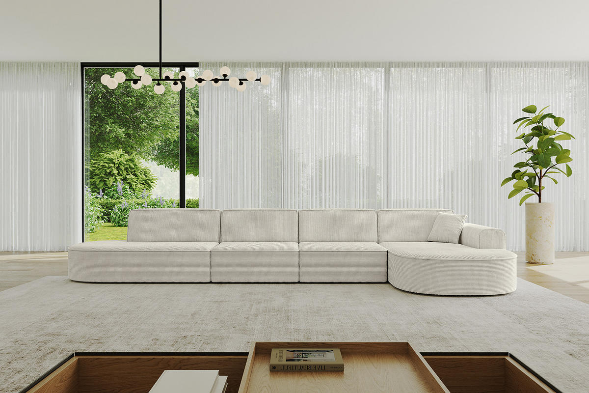 ECKSOFA Ottomane Rechts MARI-L3 - 402x163x73,5 cm Hellgrau Cord - Hellgrau/Schwarz, Holzwerkstoff/Kunststoff (402/163cm) - ALTDECOR