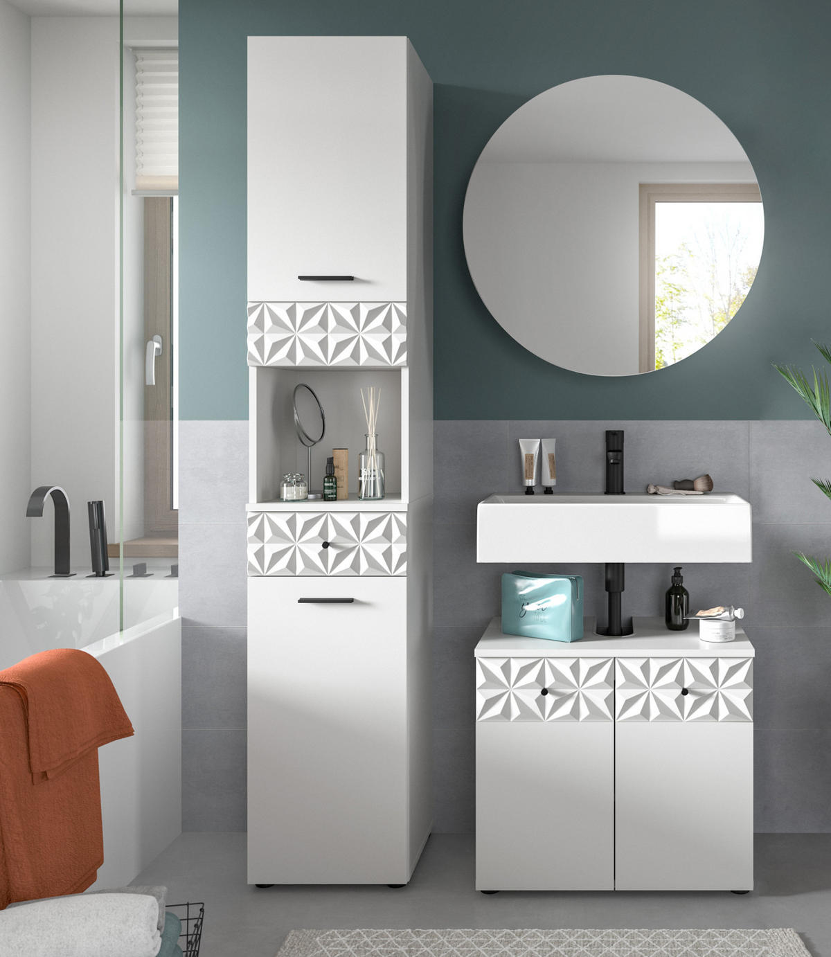 HOCHSCHRANK weiß Hochglanz 35 cm, Badschrank mit 3D-Struktur - Weiß Hochglanz/Schwarz, Holzwerkstoff/Kunststoff (35/187/34cm) - Inn.Furn