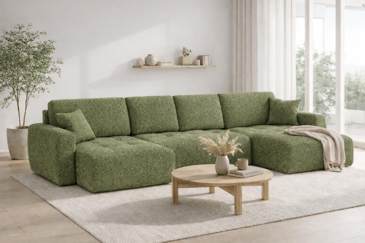 ECKSOFA Mit Schlaffunktion Und Bettkasten U-Form Ivo U, Chenillestoff Artico, Moss - Grün, Holz (342/142cm) - Kaiser Möbel