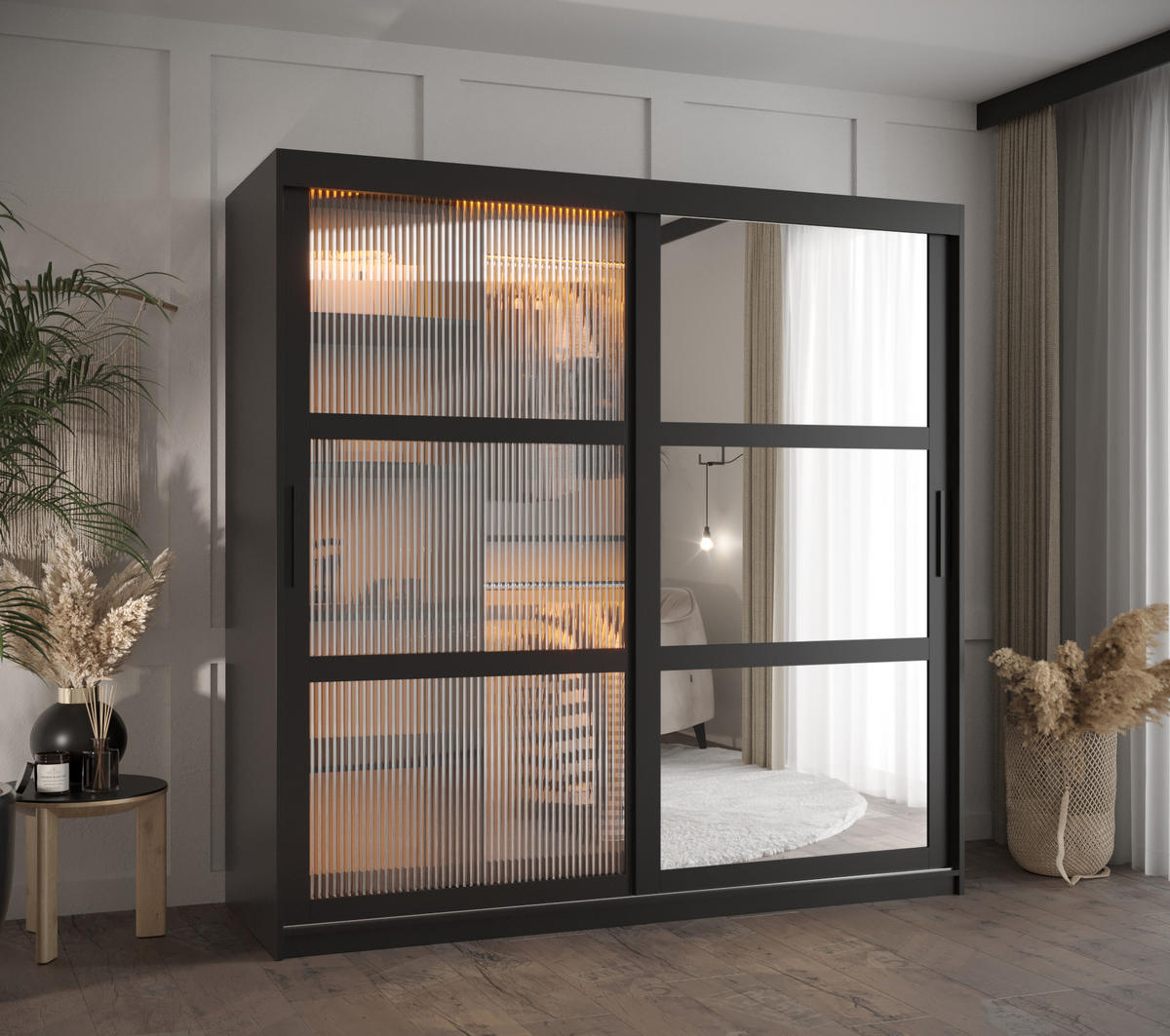 SCHWEBETÜRENSCHRANK 200/180/62 2-türig - Schwarz, Holz/Kunststoff (180/200/62cm) - Abiks Möbel