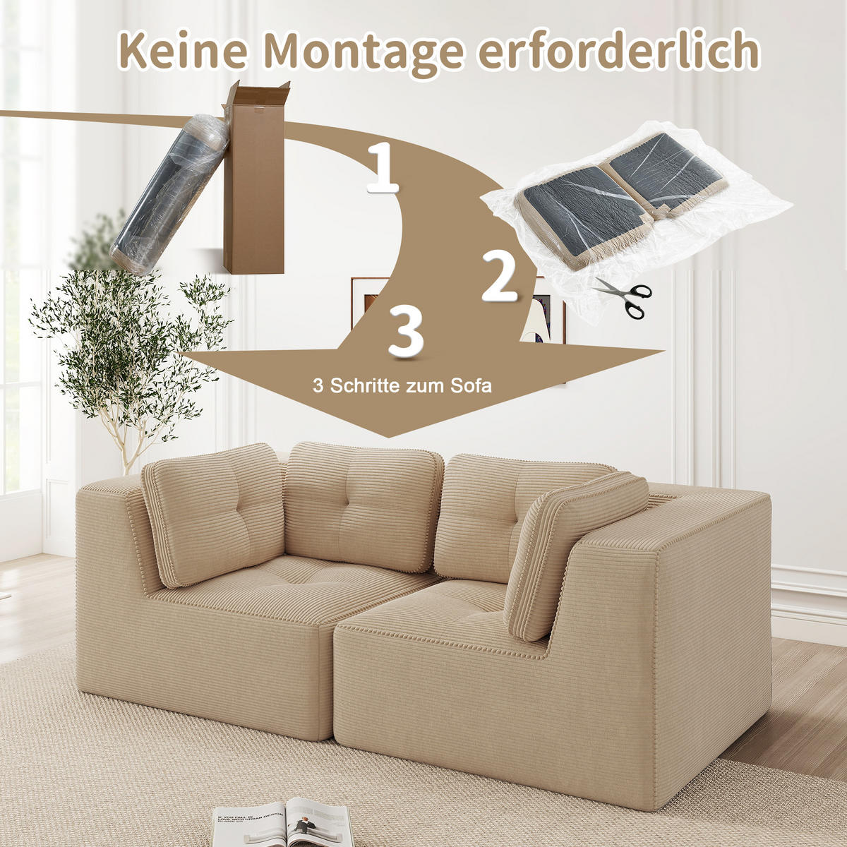 2-SITZER mit modularem Design und weichem Cordstoff - Beige, Textil (208/69/104cm) - EVRYAE