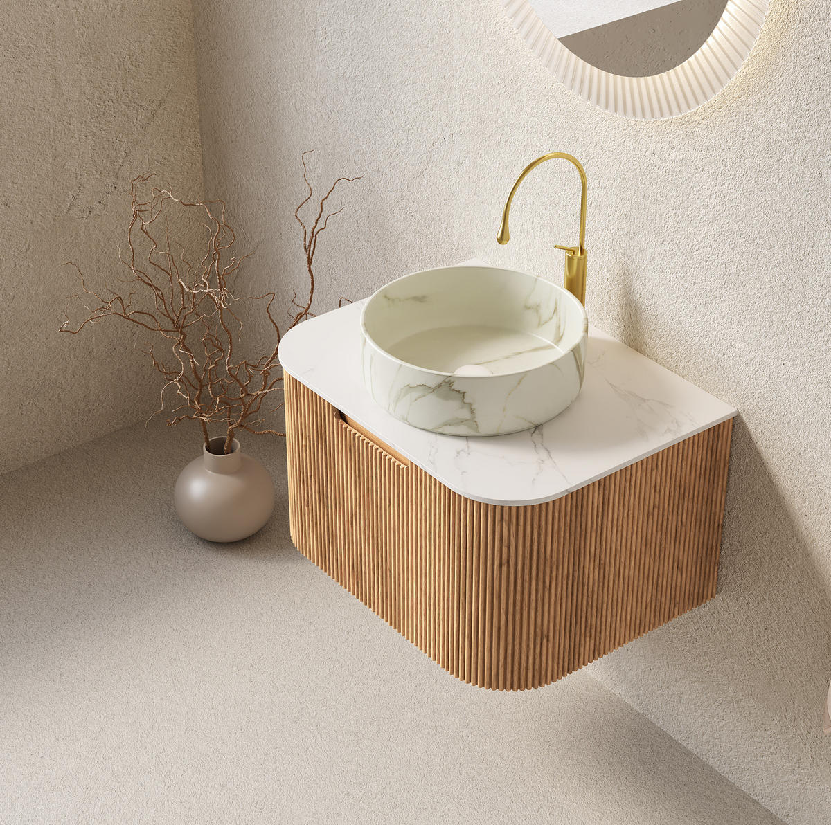 WASCHTISCHKOMBI 61x48x49.1 cm Naturholz & Weiß aus Keramik & Sintered Stone mit 3D-Streifen - Naturfarben, Stein (48/49.1/61cm) - Modfu