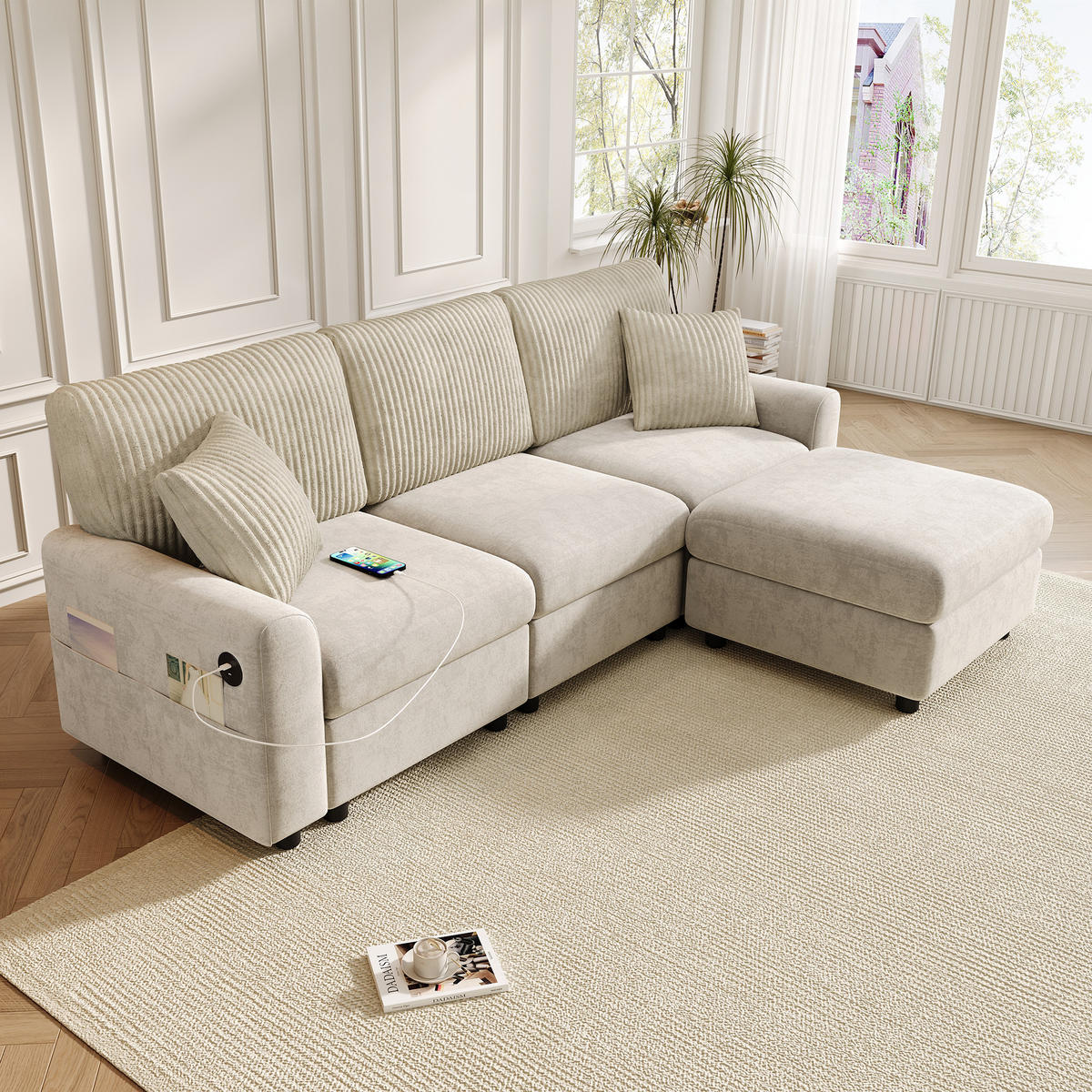 ECKSOFA 223/146/84 cm Beige mit 1 Fußhocker, 2 quadratischen Kissen, 1 USB-Anschluss und 1 Type-C-Anschluss - Beige, Textil (146/84/223cm) - Oxeza