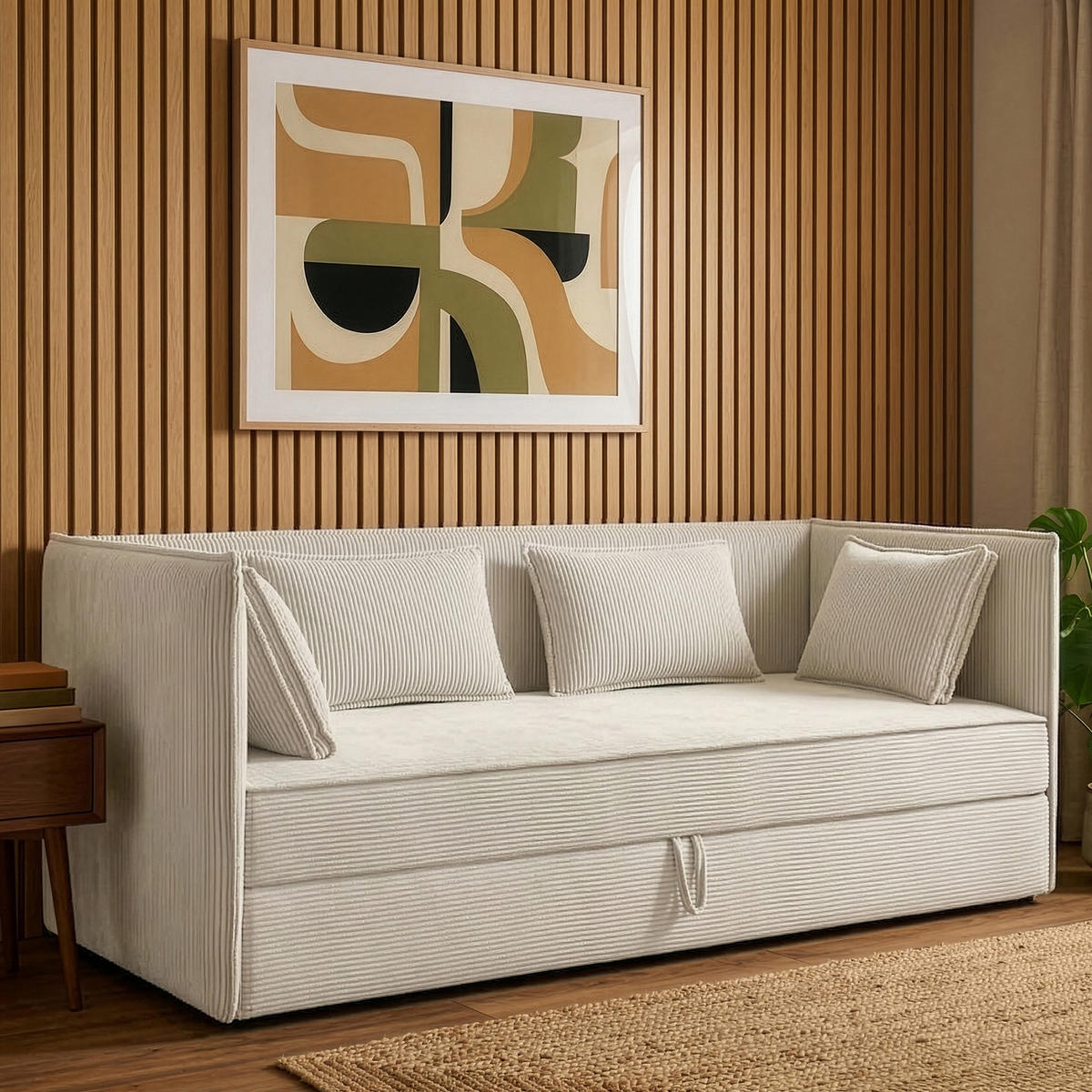 JUGENDBETT ROTI Einzelbett mit Bettkasten, 90x200cm, Bett mit Bonellmatratze, mit Rückenlehne - Creme/Schwarz, Holz/Holzwerkstoff (92/200cm) - KONSIMO®