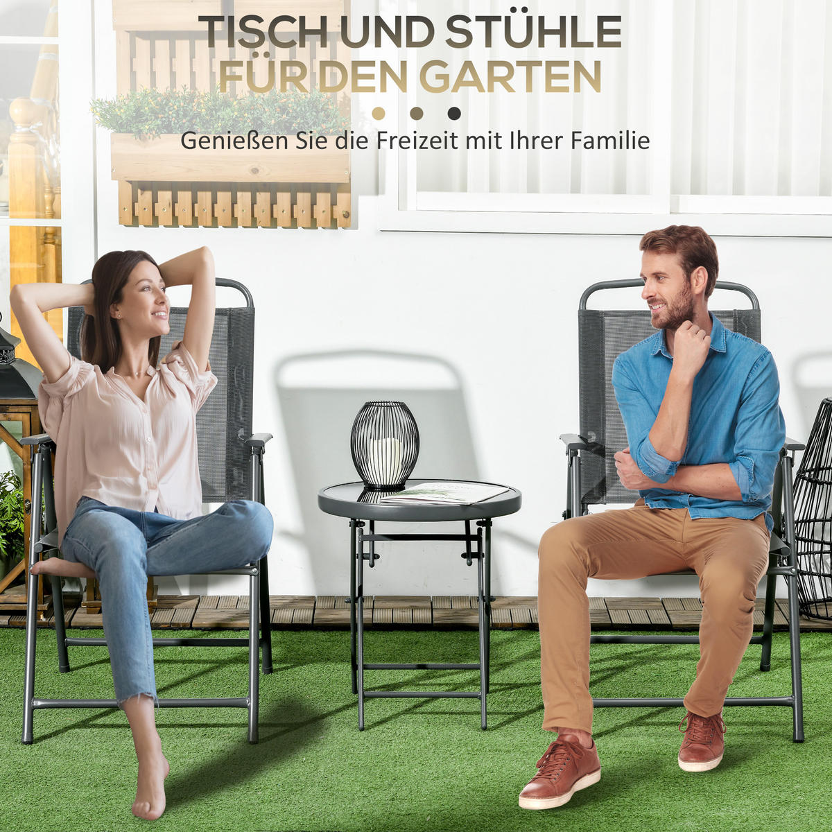 BISTRO-SET DE-07313 3-teilig, klappbar mit Glastisch Dunkelgrau - Dunkelgrau, Metall - ComfortXL