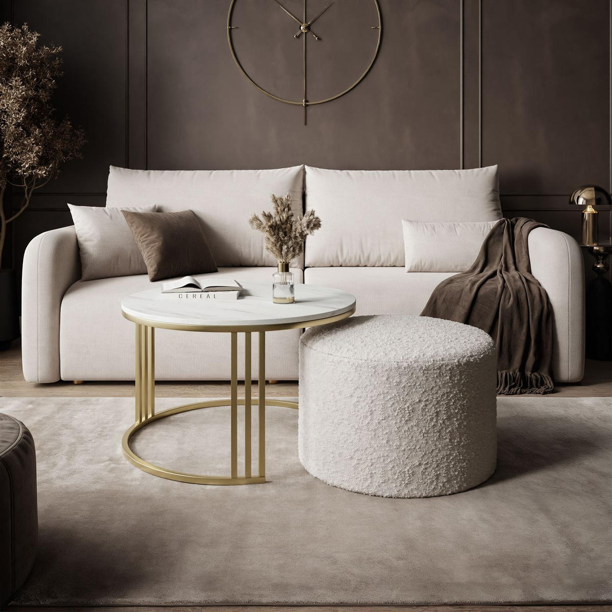 COUCHTISCH mit Hocker LORI MAT gebürstetes Gold/Marmor Levanto/Coral 65 - Weiß, Metall (70/70/49cm) - Lookway