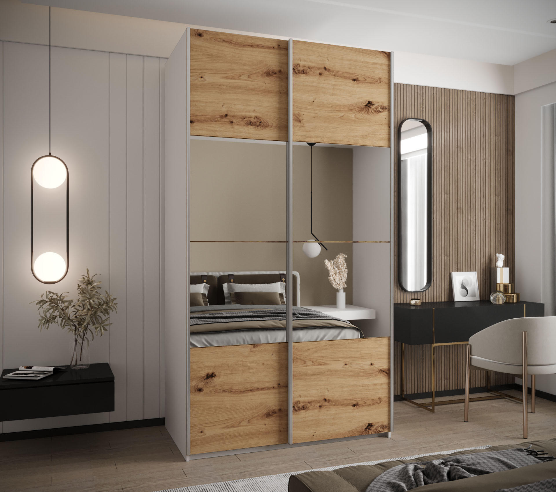 SCHWEBETÜRENSCHRANK 245,5/140/64 2-türig - Silberfarben/Eiche Artisan, Holz/Metall (140/245/64cm) - Abiks Möbel
