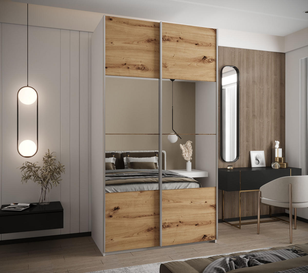 SCHWEBETÜRENSCHRANK 245,5/140/64 2-türig - Silberfarben/Eiche Artisan, Holz/Metall (140/245/64cm) - Abiks Möbel