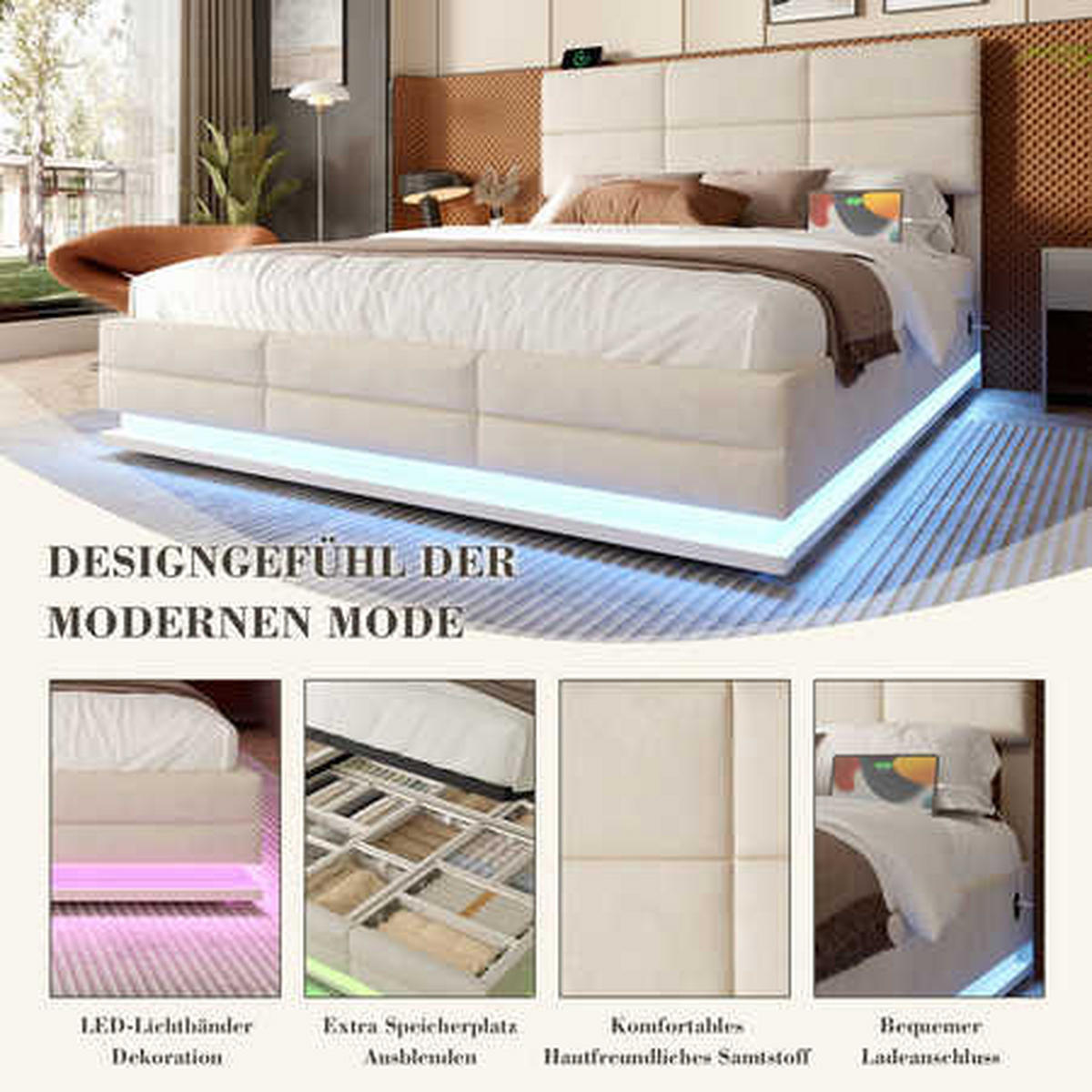 POLSTERBETT 140x200cm Beige Velours mit höhenverstellbarem Kopfteil, dimmbarer LED, USB/Type-C und hydraulischem XXL-Stauraum - Beige, Textil (140/200cm) - Luhomfu