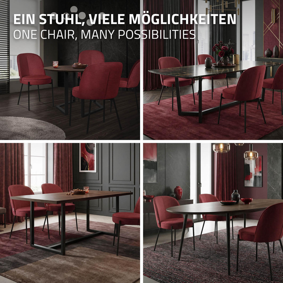 ESSZIMMERSTUHL 2er Set Rot mit Stoffbezug - Rot/Schwarz, Textil/Metall (50/83/63cm) - ML-DESIGN