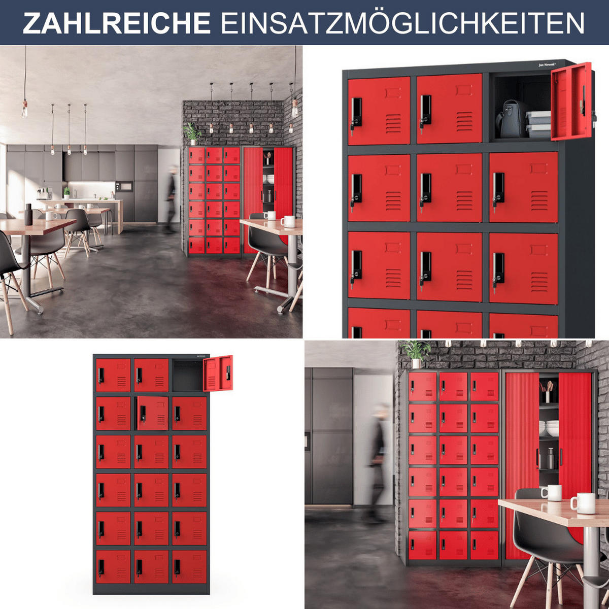 SCHLIESSFACHSCHRANK Spind BERN 18 Fächer185x90x40cm Anthrazit-Rot - Anthrazit, Metall (90/185/40cm) - DELUKE