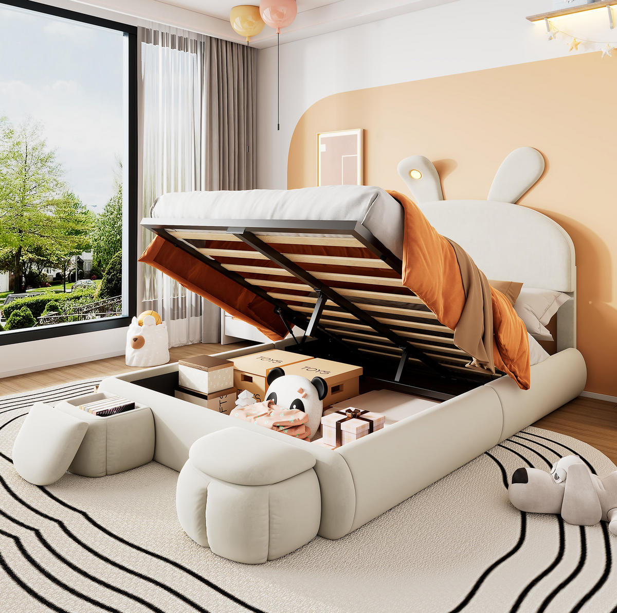 POLSTERBETT mit Stauraum 140x200 cm Samt Beige inkl. 2 Hocker - Beige, Metall (140/200cm) - Meubliv