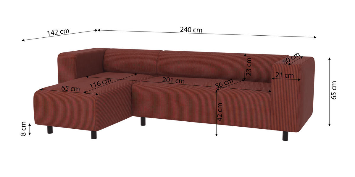 ECKSOFA Tove Terrakotta Cord - Ottomane links - Terra cotta/Schwarz, Holz/Kunststoff (240/142cm) - S-Style Möbel